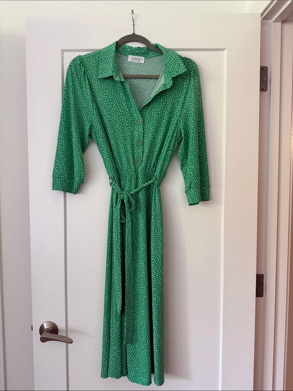 Kaileigh Green Midi Shirt Dress with White Polka Dots